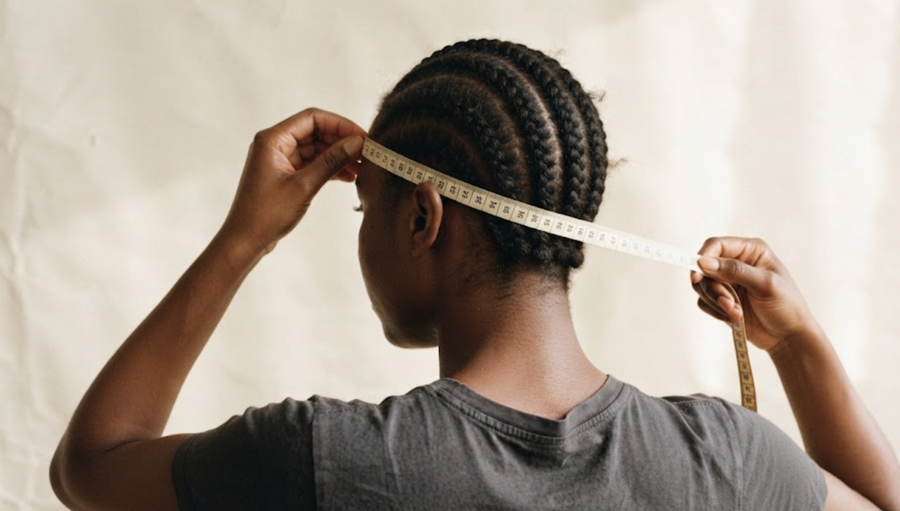 Measuring head circumference with a soft tape around the hairline